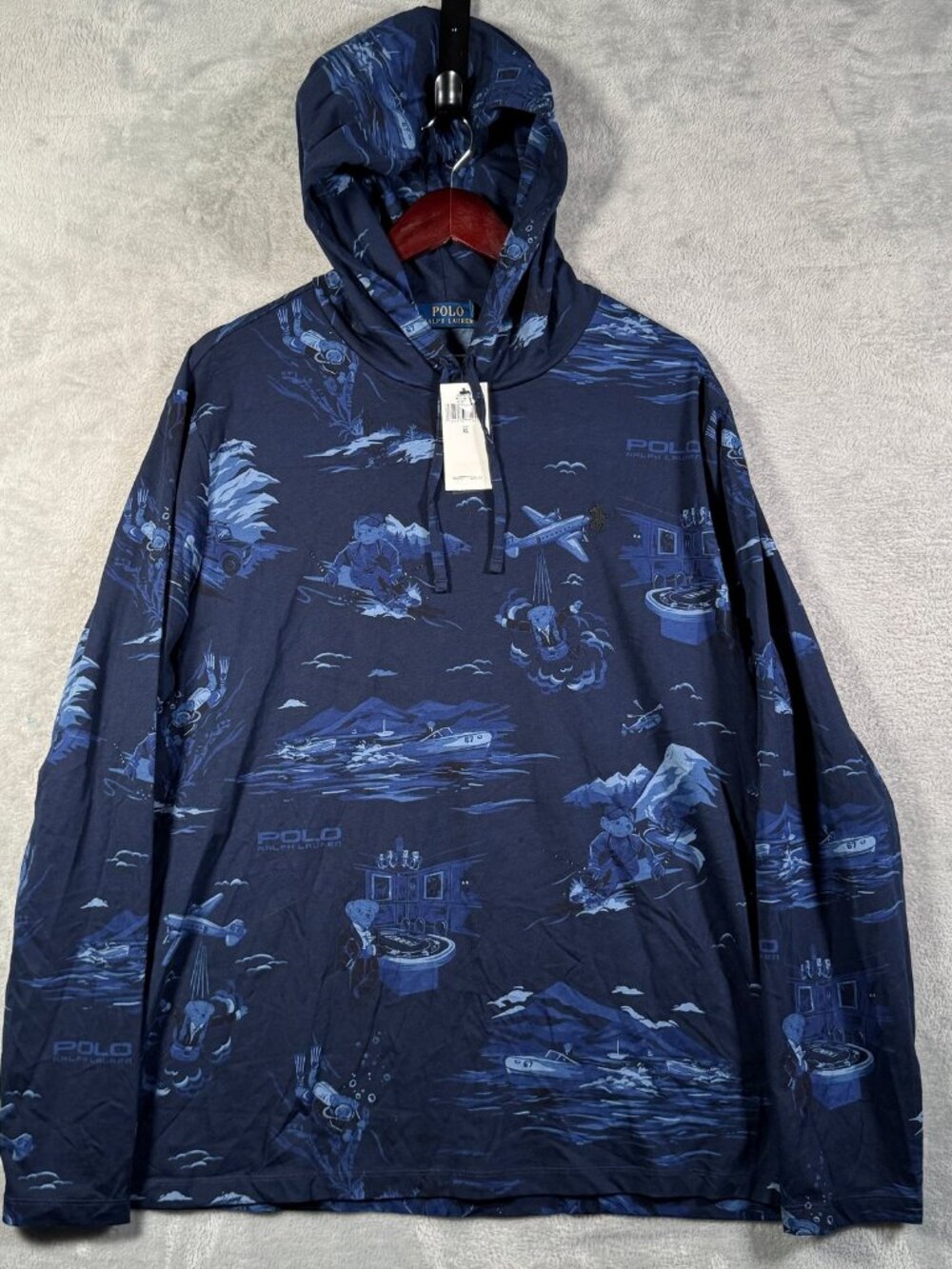 Polo Ralph Lauren Hoodie T-Shirt Mens XL Blue Bear Casino Diving James Bond $85